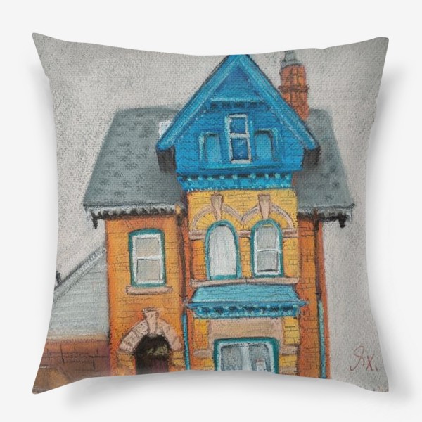 Подушка «Рыжий дом с голубыми крышами Городской скетч Архитектура Пастель»