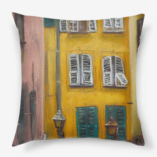 Подушка «Желтый дом в Венеции. Городской скетч. Архитектура Италии. Пастель»