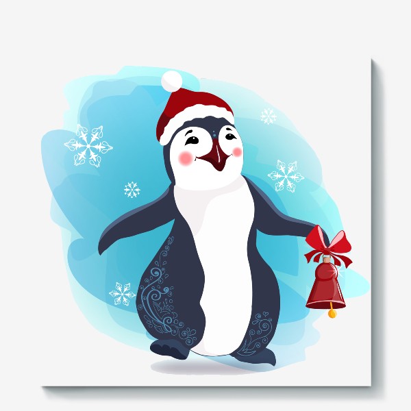 Холст «Новогодний пингвин с красным колокольчиком.»