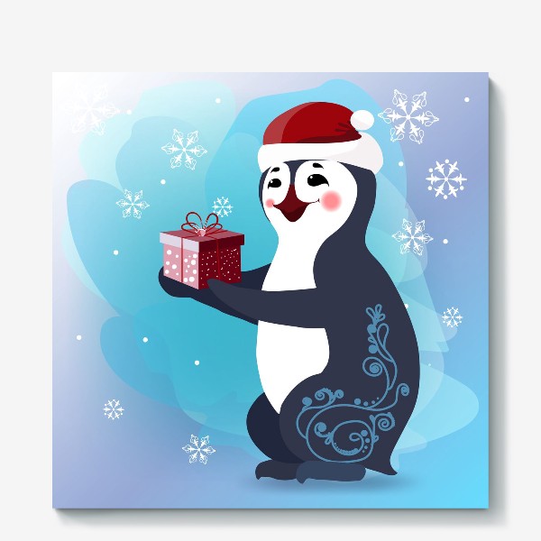 Холст «Новогодний пингвин с подарочной коробкой. »