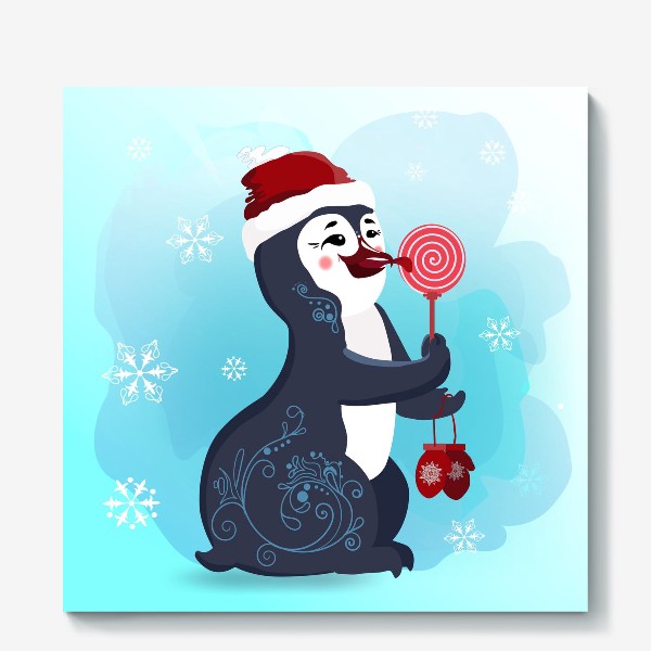 Холст &laquo;Новогодний пингвин с леденцом и красными варежками.&raquo;