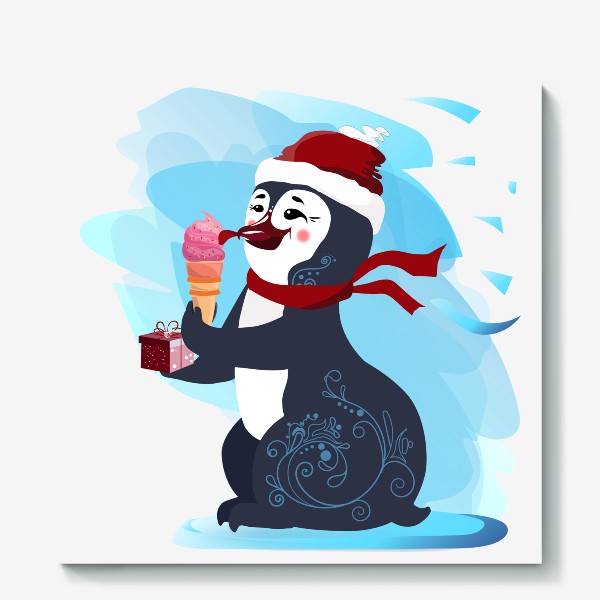 Холст &laquo;Новогодний пингвин с мороженым и подарочной коробочкой.&raquo;