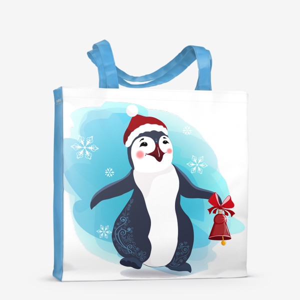 Сумка-шоппер «Новогодний пингвин с красным колокольчиком.»