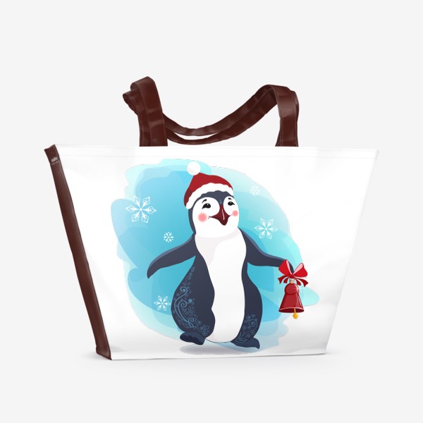 Пляжная сумка «Новогодний пингвин с красным колокольчиком.»