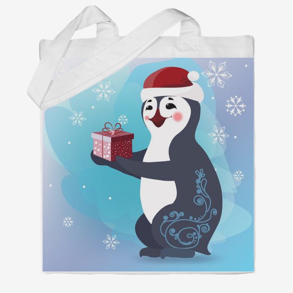 Сумка хб «Новогодний пингвин с подарочной коробкой. »
