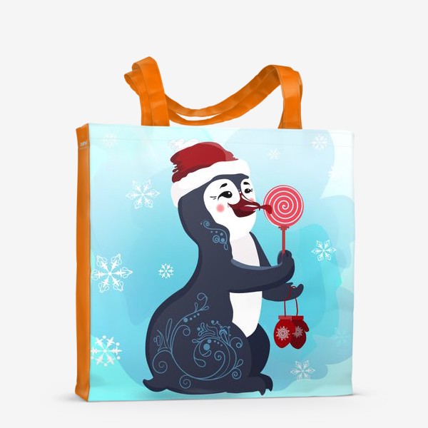 Сумка-шоппер «Новогодний пингвин с леденцом и красными варежками.»