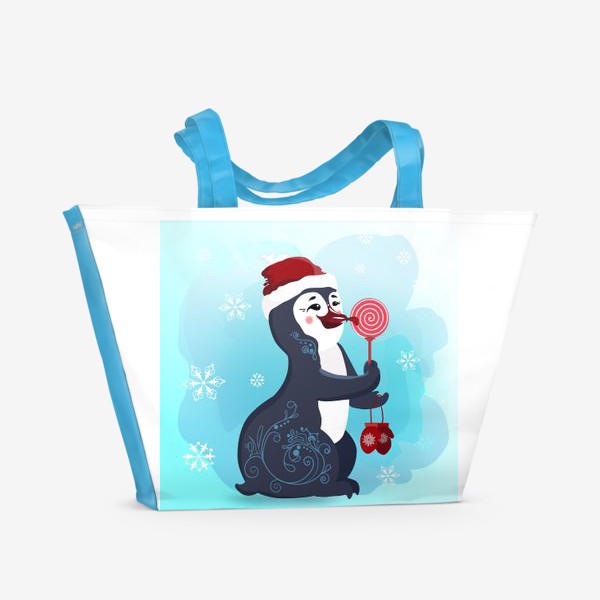 Пляжная сумка &laquo;Новогодний пингвин с леденцом и красными варежками.&raquo;