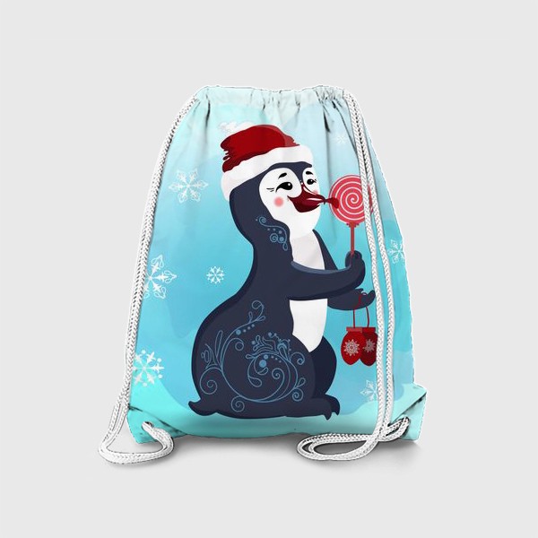 Рюкзак «Новогодний пингвин с леденцом и красными варежками.»