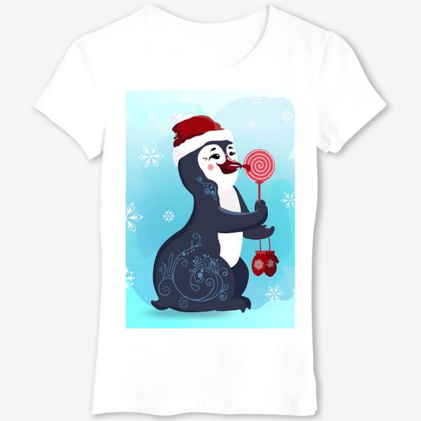 Футболка «Новогодний пингвин с леденцом и красными варежками.»