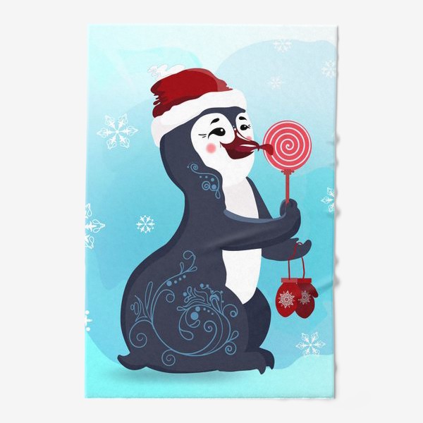 Полотенце «Новогодний пингвин с леденцом и красными варежками.»