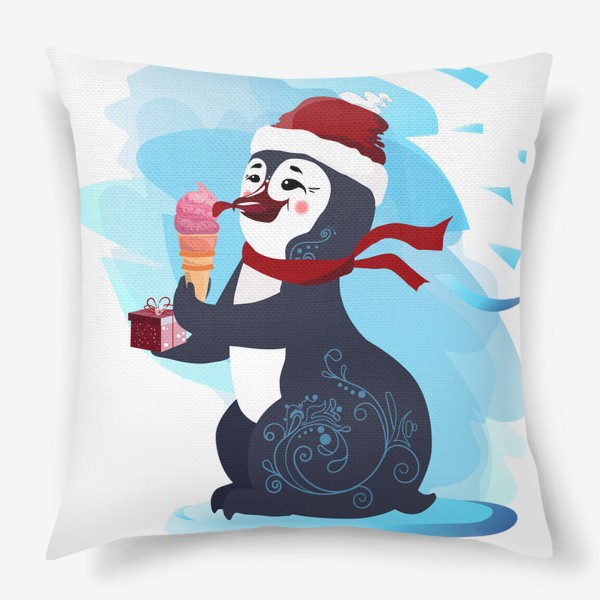 Подушка «Новогодний пингвин с мороженым и подарочной коробочкой.»