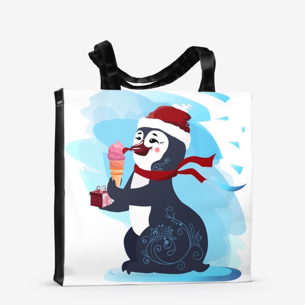 Сумка-шоппер «Новогодний пингвин с мороженым и подарочной коробочкой.»