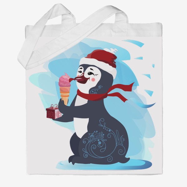 Сумка хб «Новогодний пингвин с мороженым и подарочной коробочкой.»