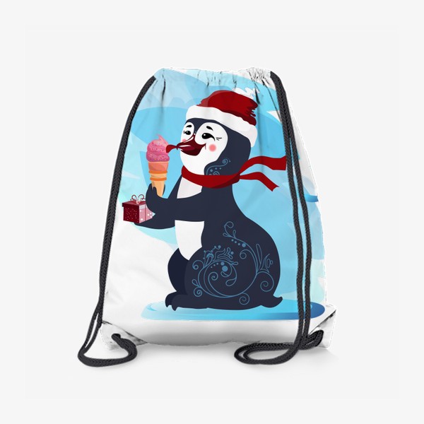 Рюкзак «Новогодний пингвин с мороженым и подарочной коробочкой.»