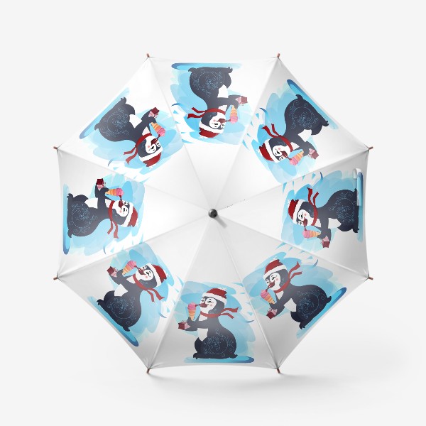 Зонт «Новогодний пингвин с мороженым и подарочной коробочкой.»