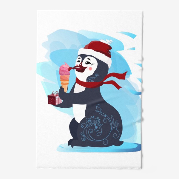 Полотенце &laquo;Новогодний пингвин с мороженым и подарочной коробочкой.&raquo;