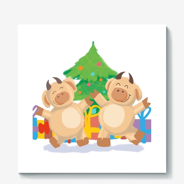 Холст «Бык и корова танцуют у елки с подарками. Новый год. Праздник. Дижитал арт.»