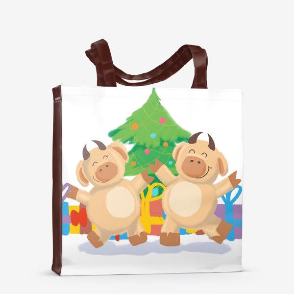 Сумка-шоппер «Бык и корова танцуют у елки с подарками. Новый год. Праздник. Дижитал арт.»