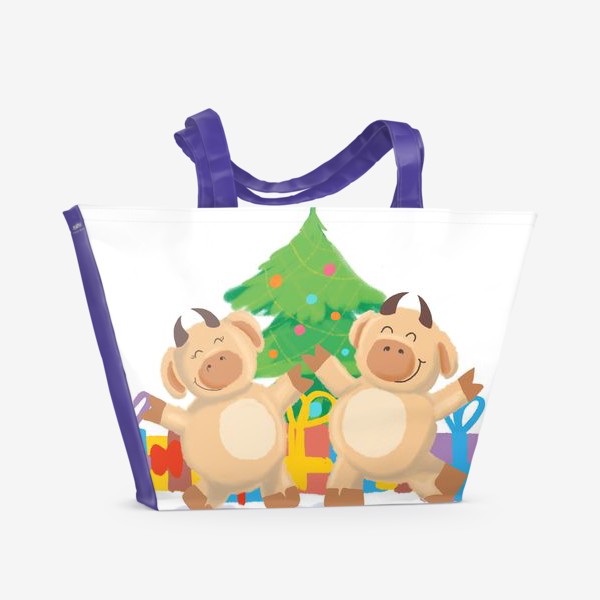 Пляжная сумка «Бык и корова танцуют у елки с подарками. Новый год. Праздник. Дижитал арт.»