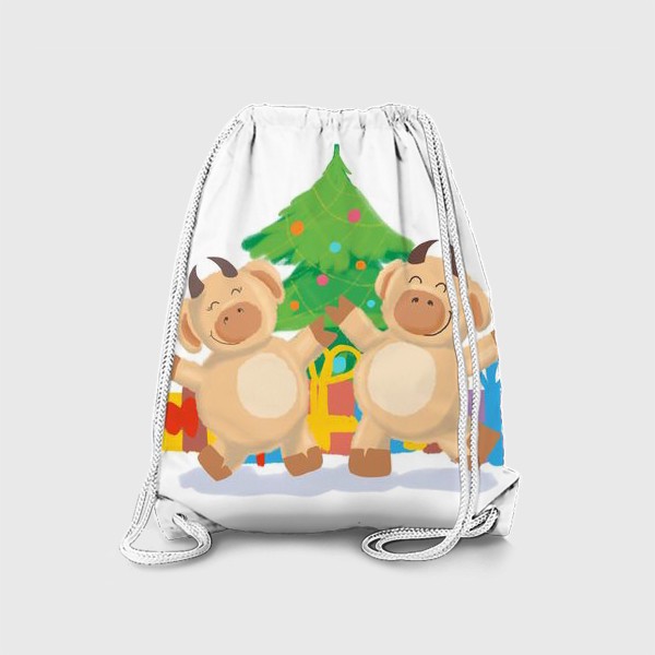 Рюкзак «Бык и корова танцуют у елки с подарками. Новый год. Праздник. Дижитал арт.»