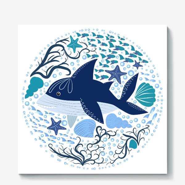 Холст «Милая акула в скандинавском стиле в окружении ракушек, рыб, водорослей»