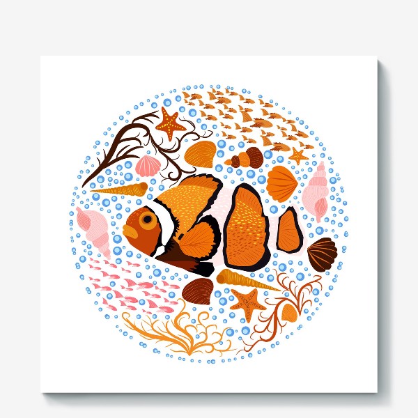 Холст «Рыба-клоун в скандинавском стиле в окружении ракушек, рыб, водорослей»