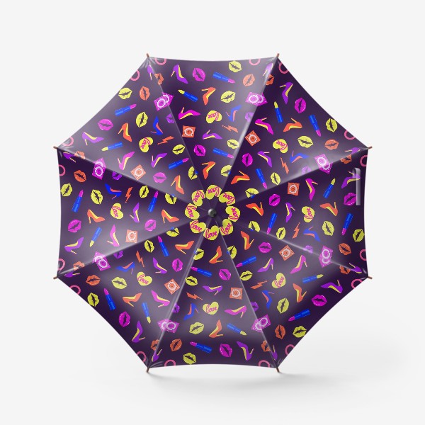 Зонт «Яркий неоновый паттерн в стиле рейв. 14 февраля.Губы,помада,  туфли, сердца, »