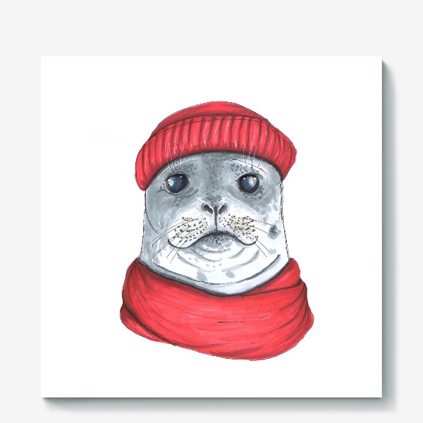 Холст «Тюлень в шапке и шарфе»