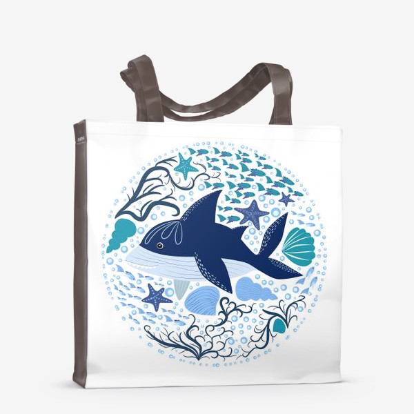 Сумка-шоппер «Милая акула в скандинавском стиле в окружении ракушек, рыб, водорослей»