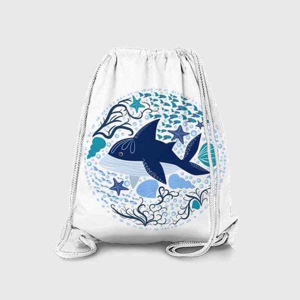 Рюкзак «Милая акула в скандинавском стиле в окружении ракушек, рыб, водорослей»