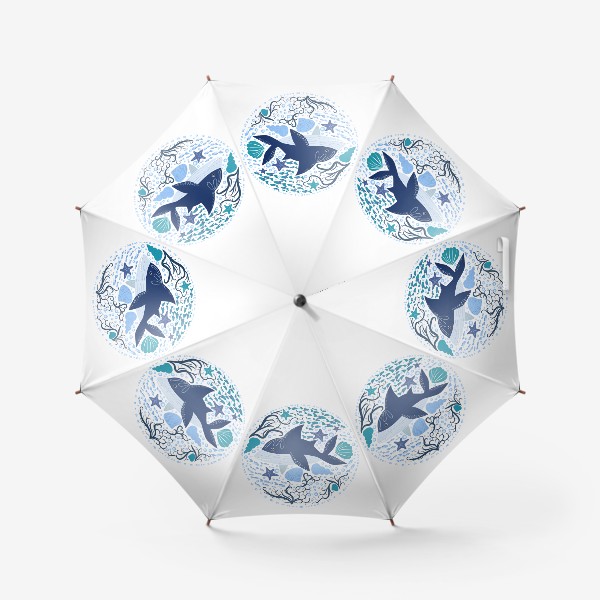 Зонт «Милая акула в скандинавском стиле в окружении ракушек, рыб, водорослей»