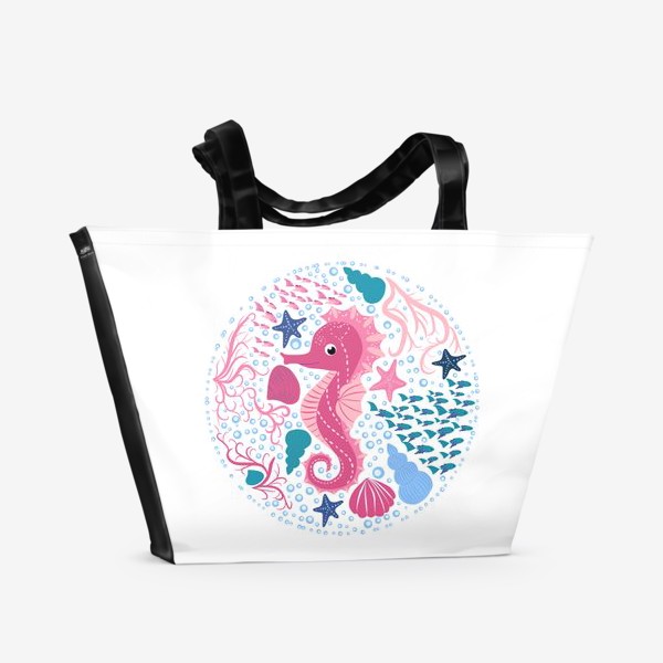 Пляжная сумка «Милый морской конек в скандинавском стиле в окружении ракушек, рыб, водорослей»