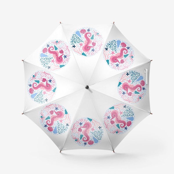 Зонт «Милый морской конек в скандинавском стиле в окружении ракушек, рыб, водорослей»