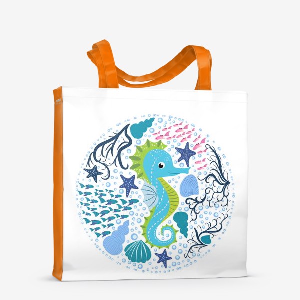 Сумка-шоппер «Милый морской конек в скандинавском стиле в окружении ракушек, рыб, водорослей»