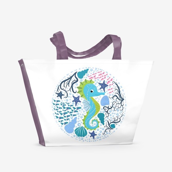 Пляжная сумка «Милый морской конек в скандинавском стиле в окружении ракушек, рыб, водорослей»
