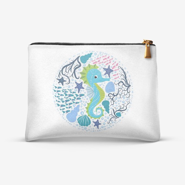 Косметичка «Милый морской конек в скандинавском стиле в окружении ракушек, рыб, водорослей»