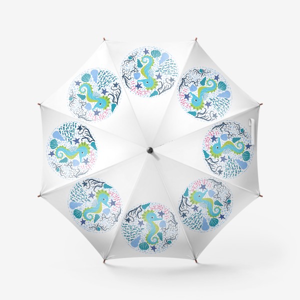 Зонт «Милый морской конек в скандинавском стиле в окружении ракушек, рыб, водорослей»