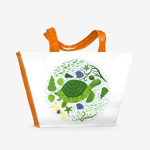 Пляжная сумка «Черепаха в скандинавском стиле в окружении ракушек, рыб, водорослей»
