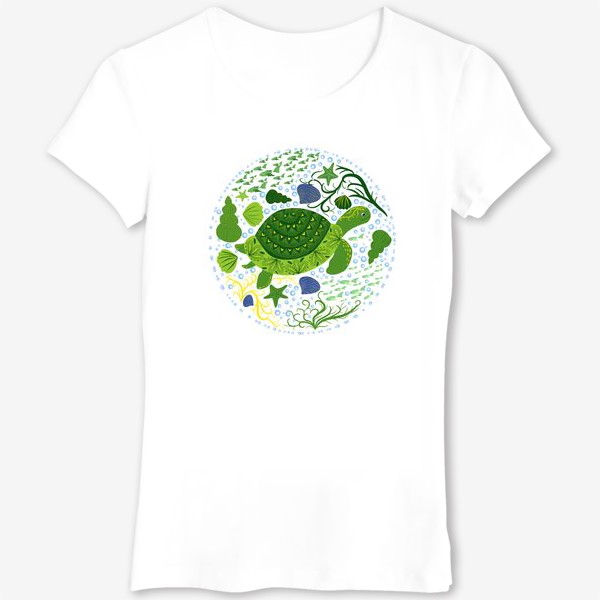 Футболка «Черепаха в скандинавском стиле в окружении ракушек, рыб, водорослей»