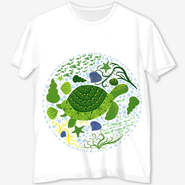 Футболка с полной запечаткой «Черепаха в скандинавском стиле в окружении ракушек, рыб, водорослей»