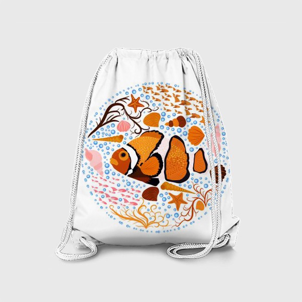 Рюкзак «Рыба-клоун в скандинавском стиле в окружении ракушек, рыб, водорослей»