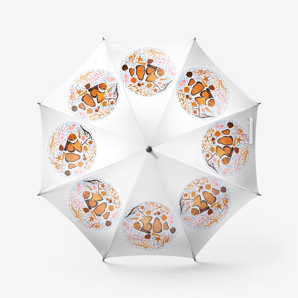 Зонт «Рыба-клоун в скандинавском стиле в окружении ракушек, рыб, водорослей»