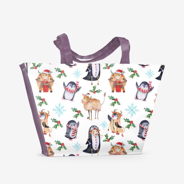 Пляжная сумка «Новогодняя бесшовная текстура быки и пингвины»