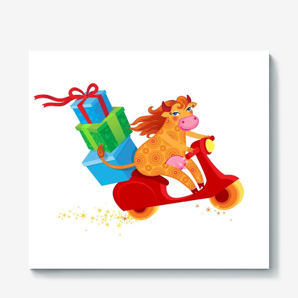 Холст «Оранжевая корова с подарками на красном скутере. Год Быка 2021»