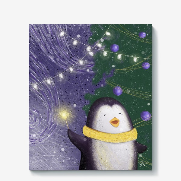 Холст «Веселый пингвин праздник новый год рождество елка огни»