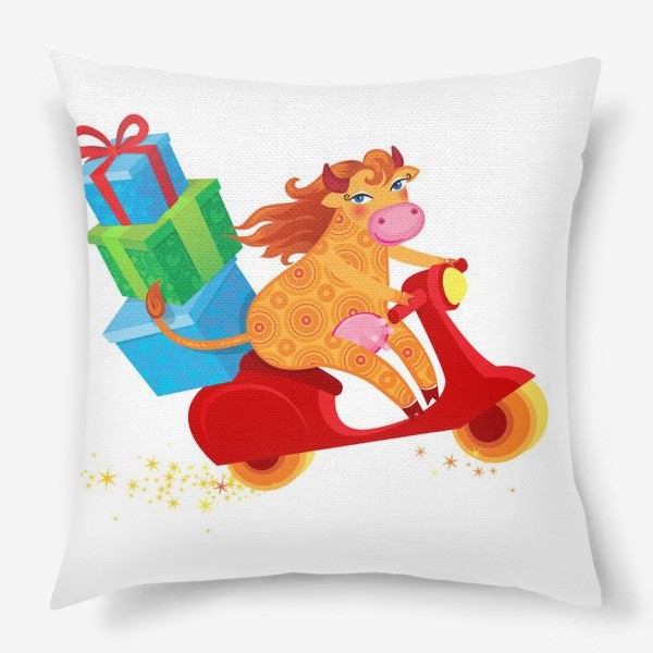 Подушка «Оранжевая корова с подарками на красном скутере. Год Быка 2021»