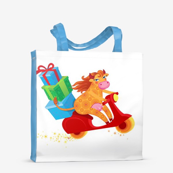 Сумка-шоппер «Оранжевая корова с подарками на красном скутере. Год Быка 2021»
