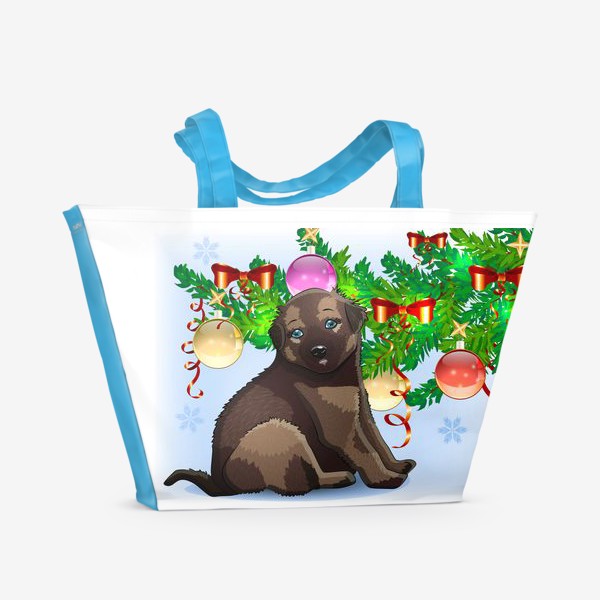 Пляжная сумка «Милая маленькая собачка возле если с шарами, новый год»