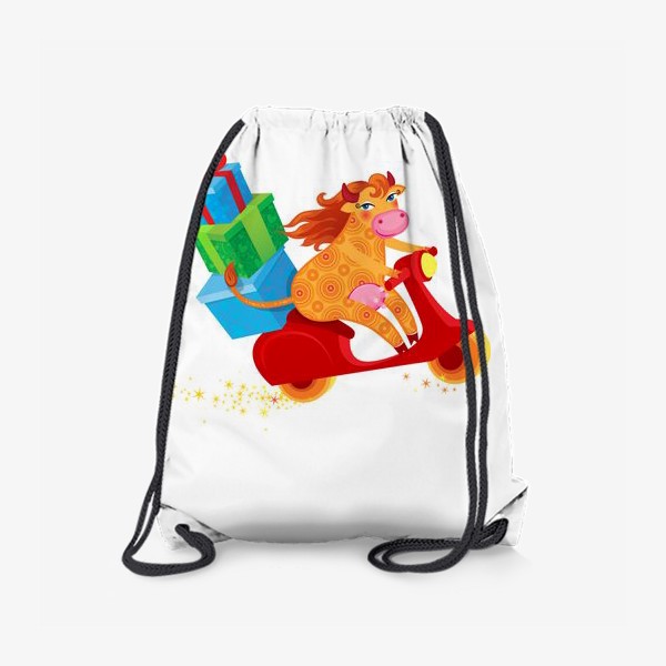 Рюкзак «Оранжевая корова с подарками на красном скутере. Год Быка 2021»