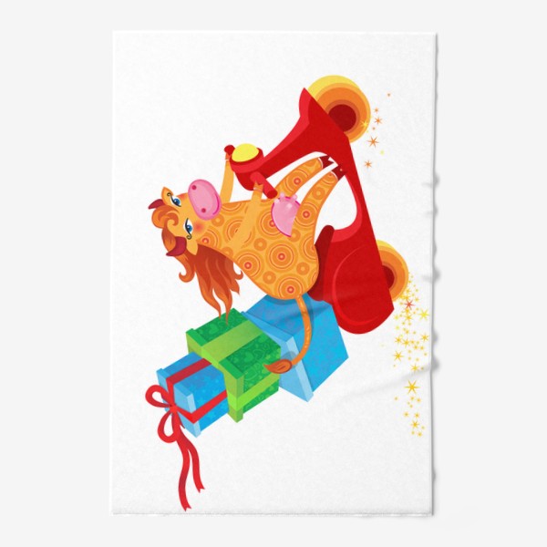 Полотенце &laquo;Оранжевая корова с подарками на красном скутере. Год Быка 2021&raquo;